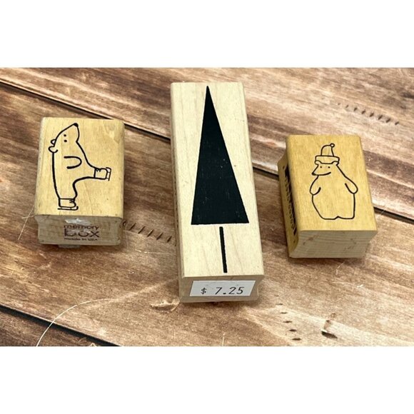 MEMORY BOX WOOD MOUNT RUBBER STAMP SET OF 3 SKATING STANDING BEAR CHRISTMAS TREE - Picture 3 of 5